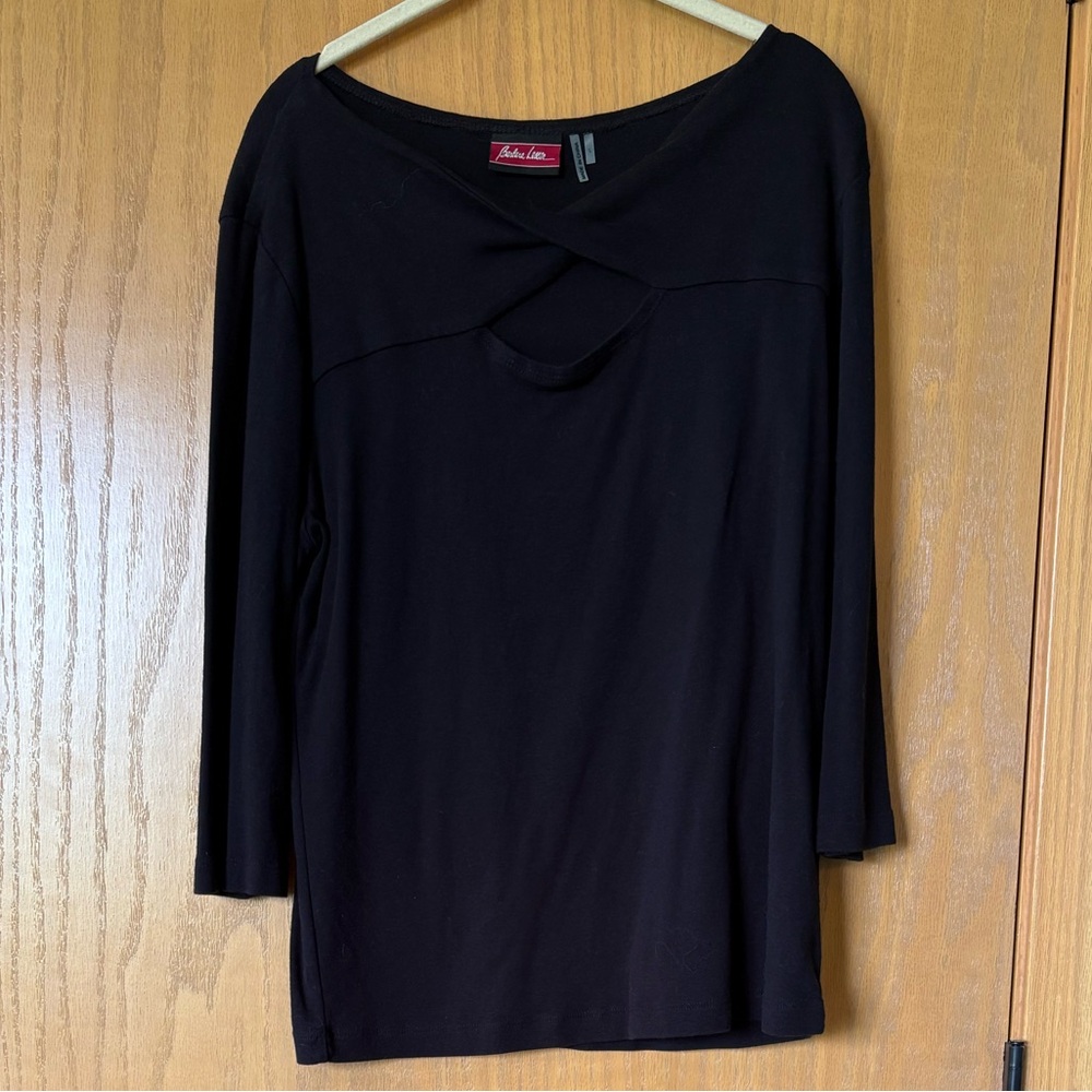 Barbara Lesser Black 3/4 Sleeve Tie Front Neck Top